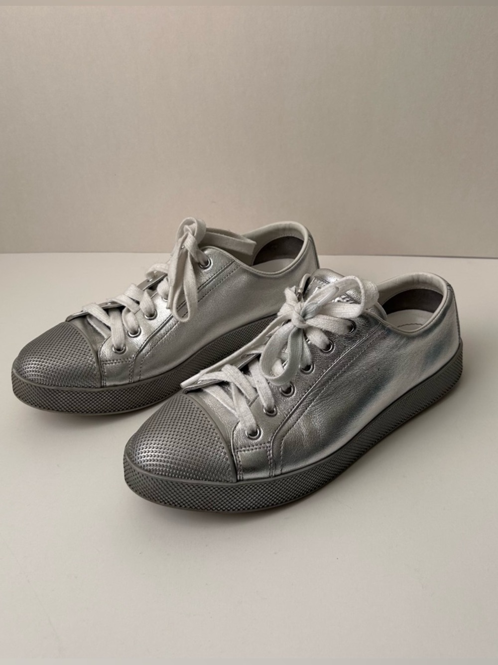Prada Silver Low-Top Lace-Up Sneakers